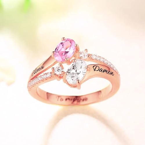 Ailin Custom Promise Rings For Her 925 Sterling Silver Personalized Oval 2 Engraved Names Birthstones Rings Engagement Mother Day Jewelry Birthday Gifts For Women #TOP3