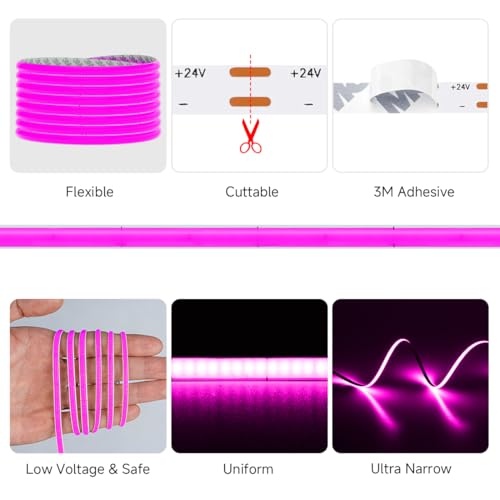 Image of 5mm Purple COB LED Strip Light DC24V Narrow Thin Flexible High Density Uniform Cob Strips 16.4FT UL Listed Dimmable CRI 90+ LED Tape Lights for Car Cabinets, No Controller /Adapter