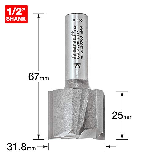 Trend Professional Two Flute Router Cutter, 1/2 Inch Shank, 31.8mm Cut Diameter & 25mm Cut Length, Tungsten Carbide Tipped, 4/90X1/2TC
