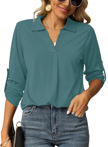 Odosalii 3/4 Ärmel Longbluse Damen Elegante V-Ausschnitt Blusentops Festlich Hemden Business Lang Arbeitstuniken Frauen Lässige Mode Herbst Tunika