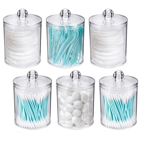 WEISHI 6 Pack Qtip Holder Dispenser -Cotton Ball, Cotton Swab, Cotton Round Pads, Floss , Clear Plastic Apothecary Jar Containers with Lids for Bathroom Storage and Organization, Vanity Organizer Cover