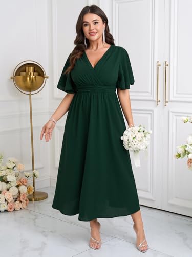 Image of SHESTARR Womens Plus Size Wrap V Neck Dress Short Flutter Sleeve Pleated Empire Waist Ruffle A Line Maxi Long Dresses