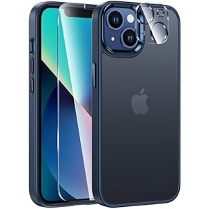 FNTCASE for iPhone 14 Case: Translucent Matte Again Cowl, Steel Button, Shockproof Army Grade Drop Safety, with Display screen Protector & Digital camera Lens Protector – 6.1 inch Blue