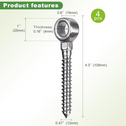 Image of Insaga 304 Stainless Steel Gate Hinges for Wooden Fences, Heavy Duty One-Piece Screw Eye Hinge with 5 /8'' Hole Dia, 4-1 /2'' Length for Farm Gate Sag Correction (4Pack)