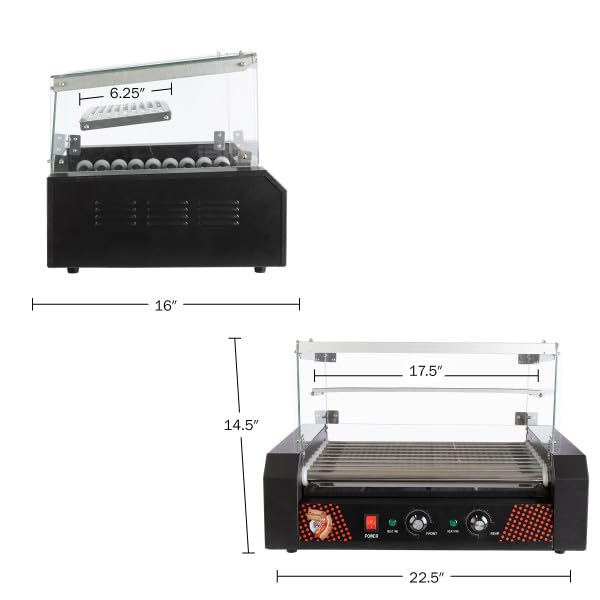 Image of Hot Dog Roller - Stainless-Steel 9-Roller Hot Dog Machine with Bun Warmer and Cover - Hotdog Roller Grill for 24 Hot Dogs by Great Northern Popcorn
