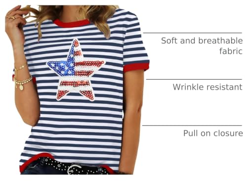 Image of Ithalt Women 4th of July Shirt Fourth of July Shirts USA Sequin Tshirt American Patriotic T-Shirt Stripes Tee Tops