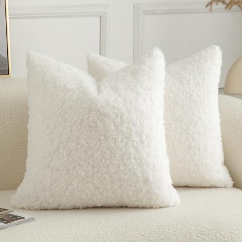 Image of Pack of 2 Curly Teddy Wool Faux Fur Throw Pillow Covers Fuzzy Accent Soft Sherpa Pillowcases Sheepskin Fleece Decorative Cushion Case for Sofa Couch Living Room 18x18 Inch Neutral White