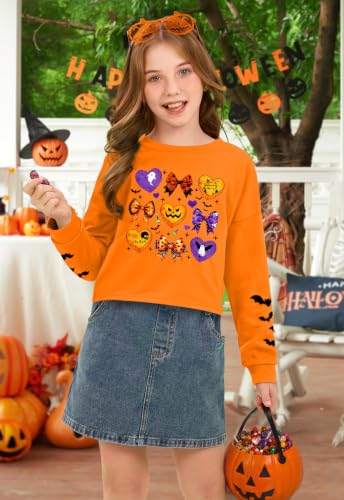 Image of BesserBay Girls Halloween Crop Tops Orange Print Spooky Shirt 6-14 Years
