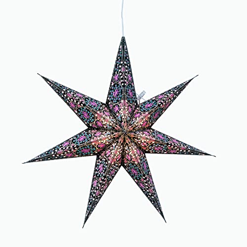 Artschatz Cathedral Paper Lantern Star Light - 7 Point Ø 16 inch - Black/Pink with Violet/Turquoise Tissue Inlay