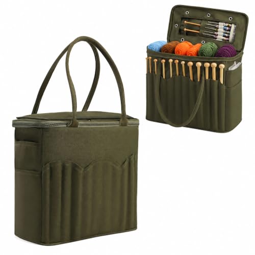 Bolsa de lana para tejer organizador de crochet grande con bolsillos de lona