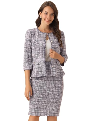 Allegra K Traje con Falda 2 Piezas para Mujer Chaqueta de Manga 3/4 de Negocios de Tweed con Botones Falda Lápiz Conjunto de Falda Púrpura S