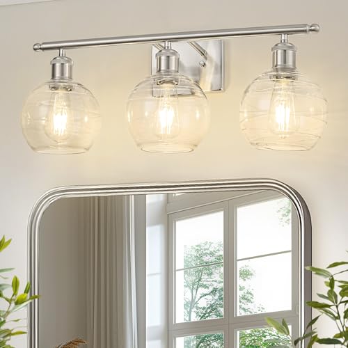 Image of DORESshop 3-Light Bathroom Vanity Light Over Mirror, 24 Inch Brushed Nickel Bathroom Light Fixtures with Clear Glass Globe Shade, Modern Vanity Lights for Bathroom, Mirror, Living Room, Bedroom