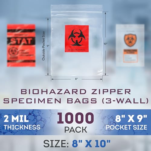 Image of APQ Supply Biohazard Specimen Bags, 8 x 10 Inches. Pack of 1000 Clear Red Zipper Specimen Bags. Recyclable 3-Wall Polyethylene Biohazard Bag. Waterproof 2 Mil Plastic Bag with Zipper