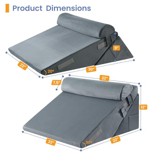 Image of Sasttie Wedge Pillow Set for After Surgery, 2PCS Adjustable Bed Wedge Pillow Headboard with Memory Foam Neck Cushion - for Acid Reflux, Sleeping, Neck & Back Support, Velvet & Dark Grey