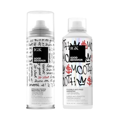 IGK Good Behavior Spirulina Protein Smoothing Spray + Flexible Anti-Frizz Hairspray – Hair Smoothing & Styling Duo for Frizz Control, Shine & Manageability – Vegan & Cruelty-Free