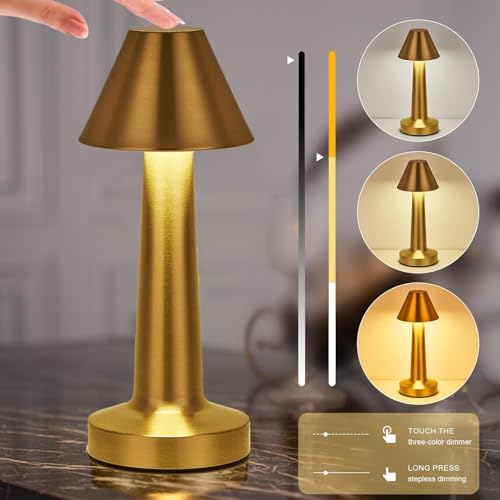 Image of Golden Cap Table Lamp 3 Color Modes Warm Cool Natural Light, Adjustable Brightness, 1200 mAh Rechargeable Battery, Portable LED Night Light for Bedroom, Home Decor Use with Touch Sensor Control