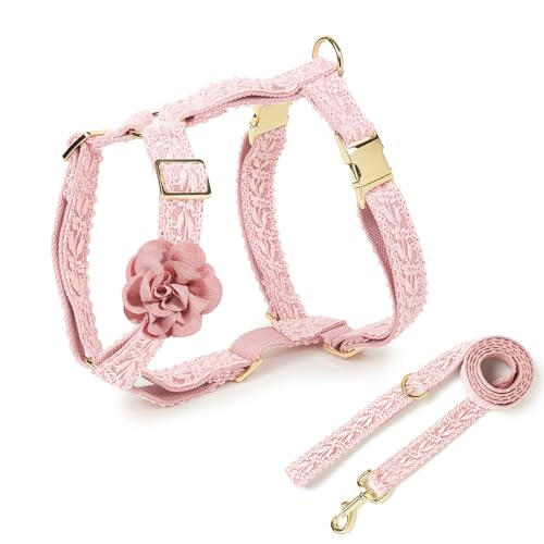 UOSIA Large Dog Harness and Leash Set, Adjustable No Pull Pet Halter Harness with Flower & Metal Buckle, Easy Control for Training Walking, Pink,M