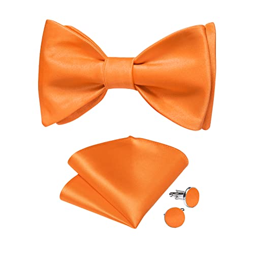 DiBanGu Orange Solid Color Bowtie For Men Woven Satin Self Bow Ties and Pocket Square Cufflinks Set for Men Tuxedo Wedding Party