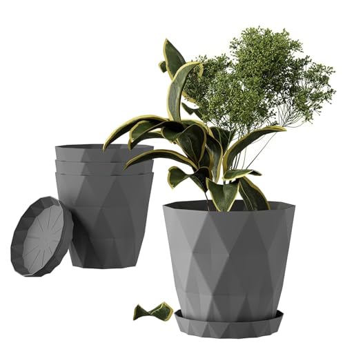 Image of OCRETA Set of 5 | 6.5 Inch Flower Pots for Home Decoration, Garden Plants, Indoor Use - Big Plastic Planters (Elegant Grey)