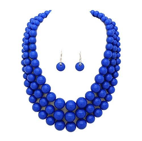 Fashion 21 Women's Multi-Strand Acrylic Ball Bead Statement 18" Necklace and Earrings Set (Royal Blue A)