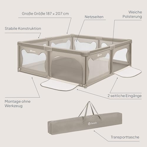 LIONELO WILLOW XL Laufgitter Baby, ab 0-48 Monaten große Fläche 187 cm x 207 cm x 68 cm, Laufgitter Baby mit Seitenwände aus atmungsaktiven Netzstoff, 2 Seitliche Eingänge mit einem Reißverschluss