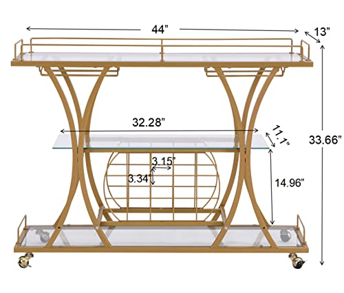 Fabomei Gold Bar Carts With Glass Holders & Wine Rack,3 Tier Home Bar Serving Carts With Glass Shelves,Metal Rolling Bar Carts For The Home Kitchen, Party #TOP3