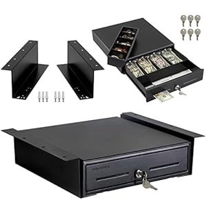 Volcora 13″ Electronic Cash Register Drawer with Under Counter Mounting Metal Bracket – POS, 4 Bill 5 Coin Cash Tray, Removable Coin Compartment, 24V RJ11/RJ12 Key-Lock, Media Slot, Black