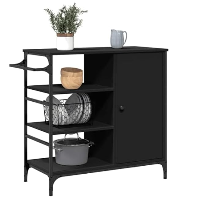 Maximize Kitchen Space with Versatile Kitchen Trolley, Durable Engineered Wood & Steel, Lockable Wheels, Black-p1T6S0h9