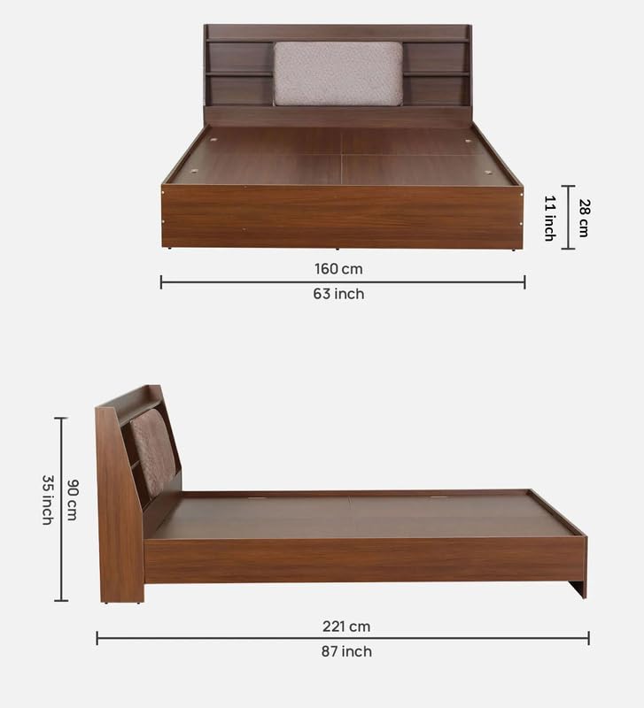 Image of Mintwud Pepperfry Engineered Wood Queen Size Bed Without Storage | Wooden Double Bed Cot with Upholstered Headboard Shelf for Bedroom, Living Room & Hotel (Walnut Finish)