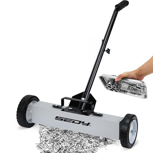18-Inch Rolling Magnetic Sweeper with 9.5-inch Magnetic Trays, 45-Pound Capacity Telescoping Magnetic Pickup Lawn Sweeper, Adjustable Handle Pick-up Sweeper for Nails, Screws Workshop Garage Yard