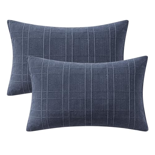 Image of MIULEE Decorative Linen Check Lumar Throw Pillow Covers Neutral Farmhouse Vintage Pillow Covers 12x20 Set of 2 Boho Modern Home Decor for Sofa Couch Bedroom Cushion Navy Blue