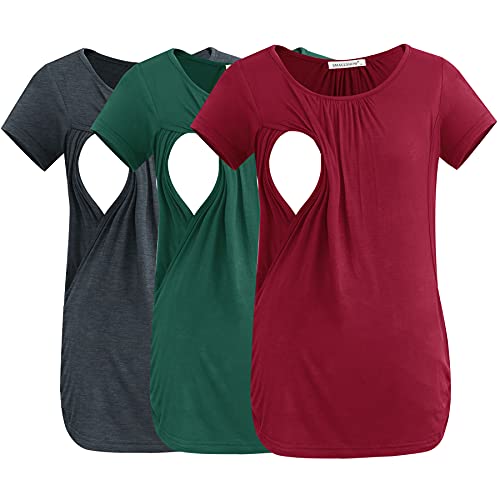 Image of Smallshow Women's Nursing Tops Ruched Short Sleeve Breastfeeding Shirts 3-Pack