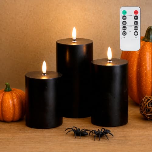 Image of JOIONE Black Flameless Pillar Candles with Remote, 3 Pack Halloween Decor | Battery Operated LED, Black Real Wax, Remote Control, Warm Flickering Glow, Safe Halloween Home & Party Decor