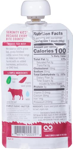 Image of Serenity Kids 6+ Months Baby Food Pouches Puree Made With Ethically Sourced Meats & Organic Veggies | 3.5 Ounce BPA-Free Pouch | Grass Fed Beef, Kale, Sweet Potato | 1 Count (Pack of 2)
