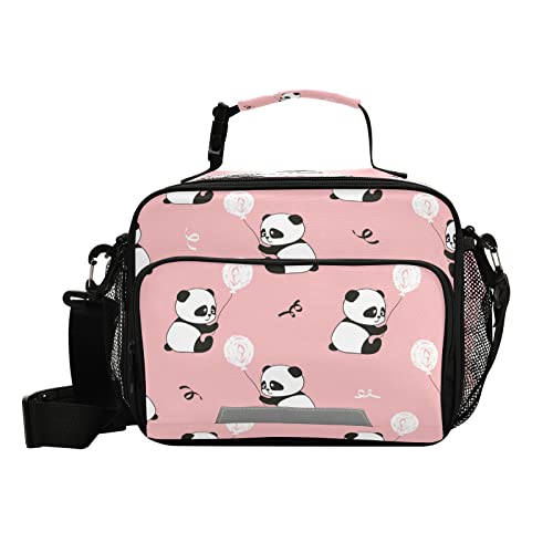 Linda bolsa de almuerzo con estampado de panda para niños y niñas, lonchera térmica aislada con correa para el hombro y tira reflectante, bonitos osos de panda ID6E599