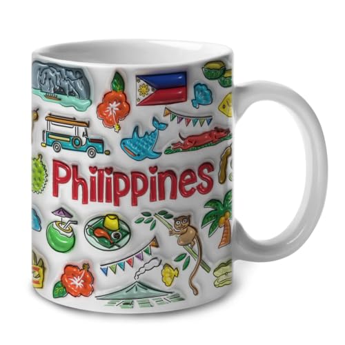 Lotacy Philippines Symbols Colorful 2D Printed Ceramic Coffee Mug With Flag, 11oz, Filipino...