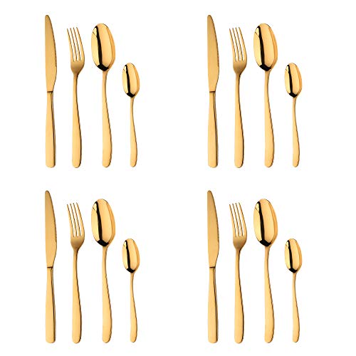 Acero Inoxidable Dorado Vajilla, Bisda 16 piezas Cuberteria PVD Oro Set de Cubiertos Servicio para 4