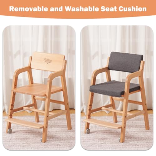 Image of Swegrow Wooden High Chair with 2 Wheels, Adjustable Seat - Backrest - Footrest Heights, Wooden High Chair for Toddlers - Kids and Baby, Kids Dining Chair with Removable Cushion(Gray)