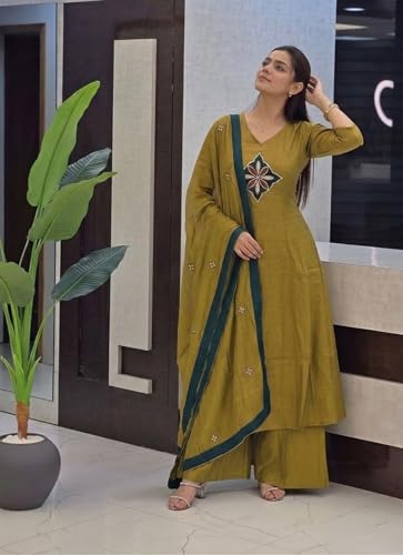 Image of ANNI Designer Kurta Sets for Women Viscose Embroidered | Kurti Set for Woman | Kurta Palazzo Dupatta Set | Straight Kurti | V Neck Full Sleeve Suit Set for Women Stylish Ethnic Outfit Clothing