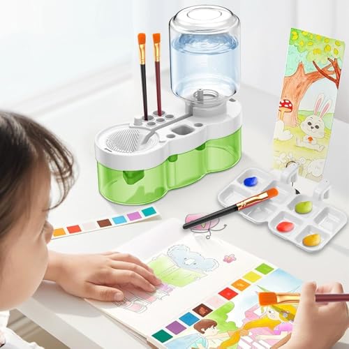 Image of Parssufy Paint Brush Cleaner with Paint Tray, 6-in-1 Water Circulation Rinser Paintbrush Cleaner with Drain & Brush Holder, Watercolor Dispenser & Paint Palette, Paint Brush Washer (White)