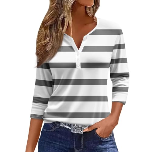 Camiseta feminina casual elegante básica manga 3/4 listrada gráfica túnica solta gola V camisetas ro