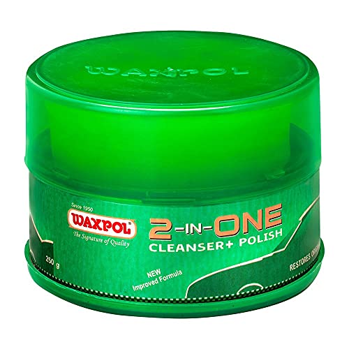 Image of Waxpol 2-in-1 Car Cream Polish & Paint Cleaner 250g with Appliactor Sponge | Water Repellent Hydrophobic Gloss Finish Restores High Gloss Shine for Car, Bike & Scooters
