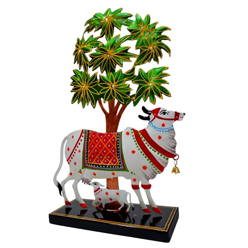 Image of CraftVatika Kamdhenu Cow with Calf Idol for Home Decoration Items for Living Room, Tealight Candle Holder for Pooja Room, Handpainted Rajasthani Showpiece, Wedding Anniversary House Warming Gifts