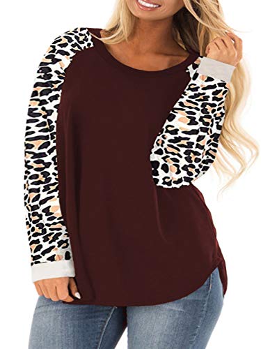 ROSRISS Womens Plus Size Shirts Fall Leopard Long Sleeve Tops Wine Red 14W