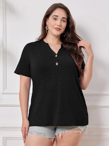 Chulianyouhuo Plus Size Tops for Women Summer V Neck Short Sleeve Tee Shirts Henley Button Casual Loose Fit Blouse2