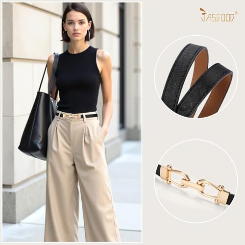 JASGOOD 2 Pack Women’s Thin Belts Pu Leather Adjustable Skinny Waist Belts for Jeans Pants Dresses with Gold Buckle3