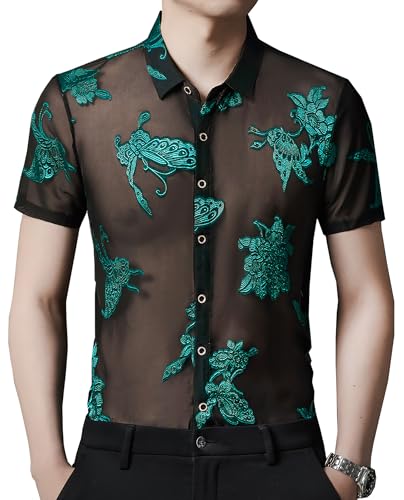MOKEWEN Men's Punk Elegant See Through Lace Short Sleeve Shirts