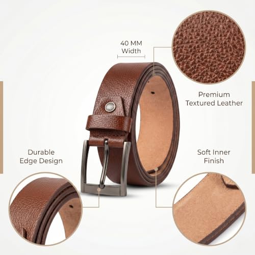 Image of Genuine Leather Belt for Men - Premium Formal & Casual Belt with Metal Buckle - Durable Adjustable Waist Belt for Jeans, Trousers & Office Wear