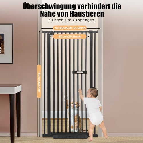 Treppengitter Schutzgitter für Haustiere Extra Hoch 150cm, Treppengitter Ohne Bohren Hundezaun Versenkbare Tür Sicherheitstor mit 2 rutschfeste Fußpedale, für Kinder und Haustiere