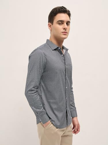 Image of THE BEAR HOUSE Men's Blue Tailored Fit Full Sleeve Cotton Printed Shirt